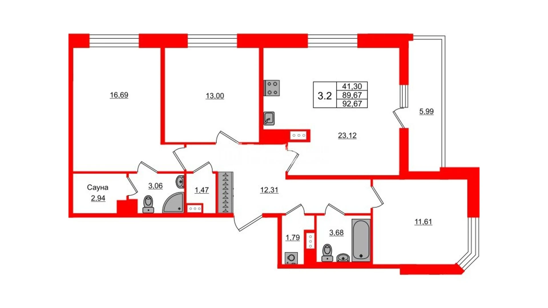 Планировка 4-комнатная 89,7 м² в жилом комплексе «Астра Континенталь» — Жилой комплекс «Астра Континенталь»