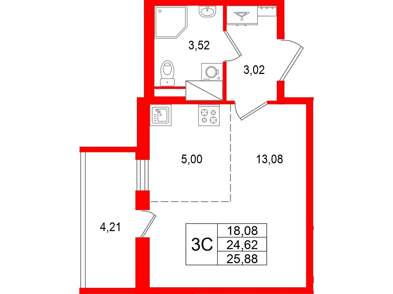 Планировка студия 24,6 м² в жилом комплексе «Астра Континенталь» — Жилой комплекс «Астра Континенталь»