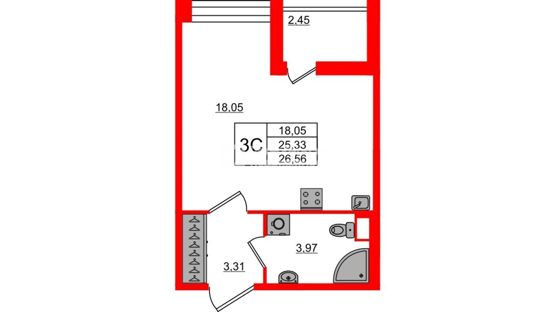 Планировка студия 25,3 м² в жилом комплексе «Астра Континенталь» — Жилой комплекс «Астра Континенталь»