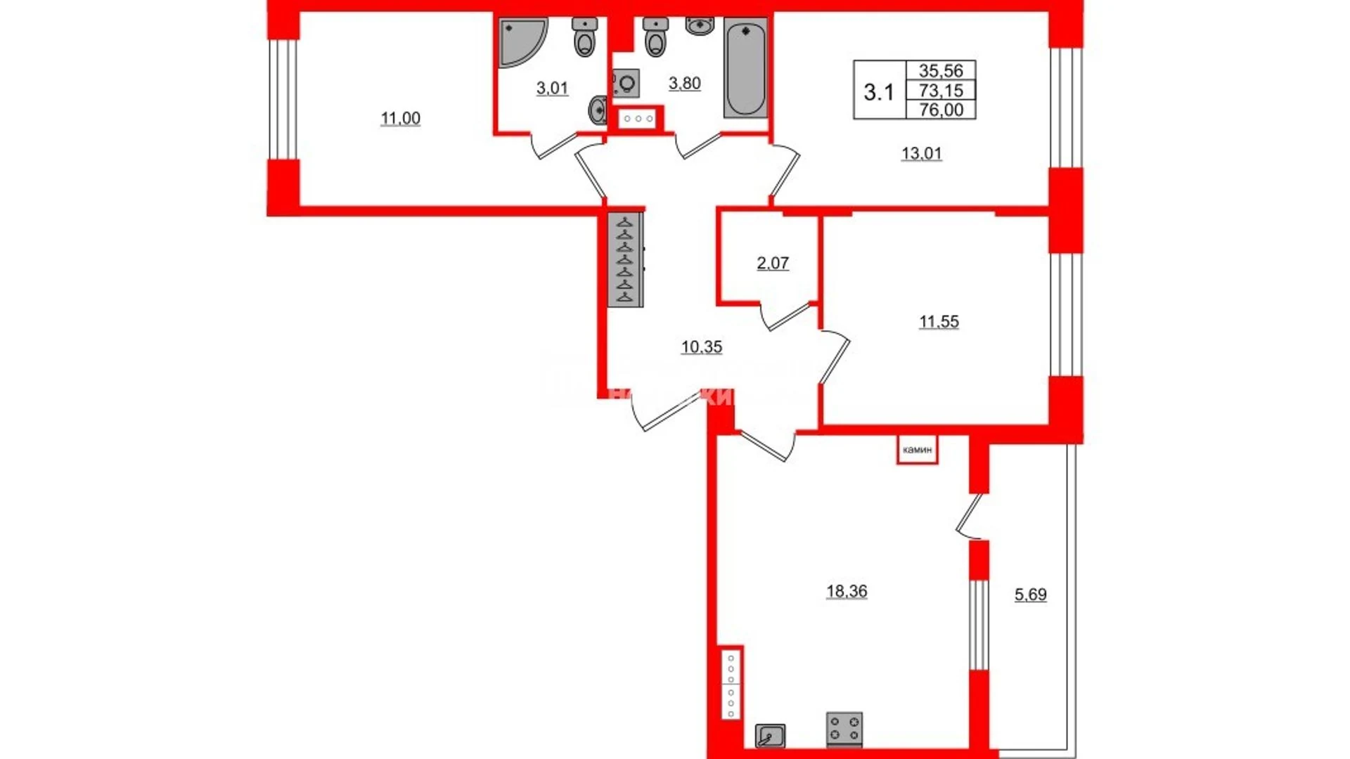 Планировка 4-комнатная 73,2 м² в жилом комплексе «Астра Континенталь» — Жилой комплекс «Астра Континенталь»