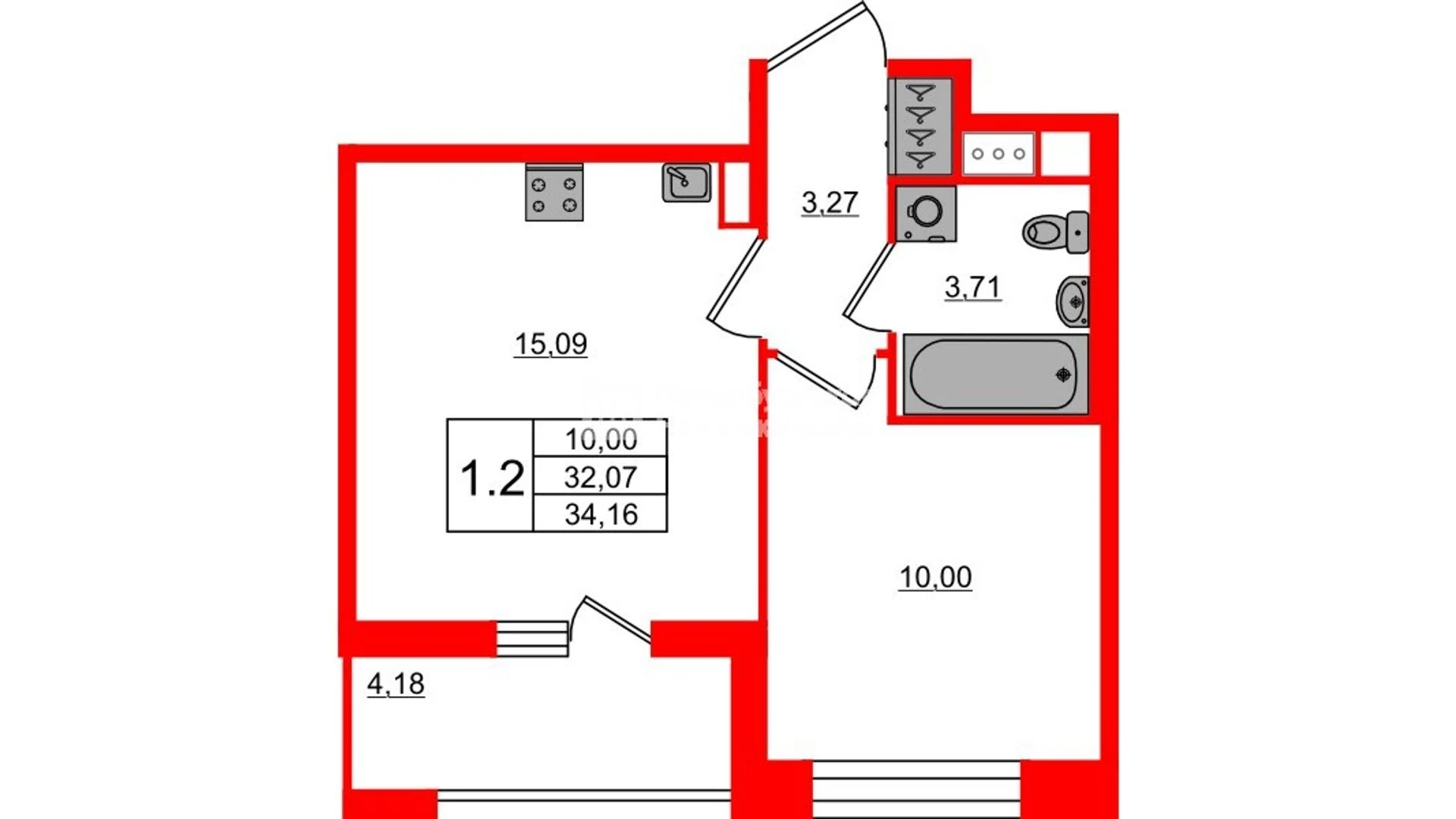 Планировка 2-комнатная 32,1 м² в жилом комплексе «Астра Континенталь» — Жилой комплекс «Астра Континенталь»