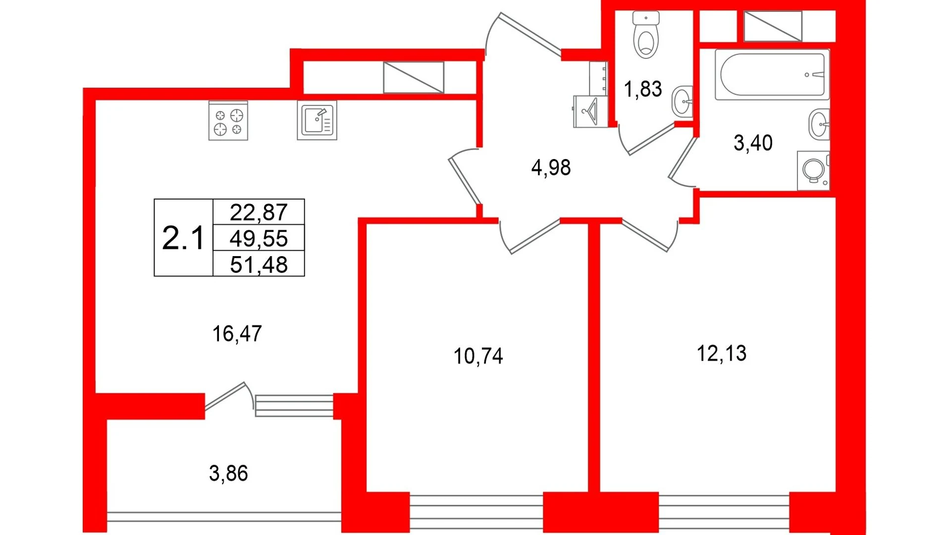 Планировка 3-комнатная 49,5 м² в жилом комплексе «Астра Континенталь» — Жилой комплекс «Астра Континенталь»