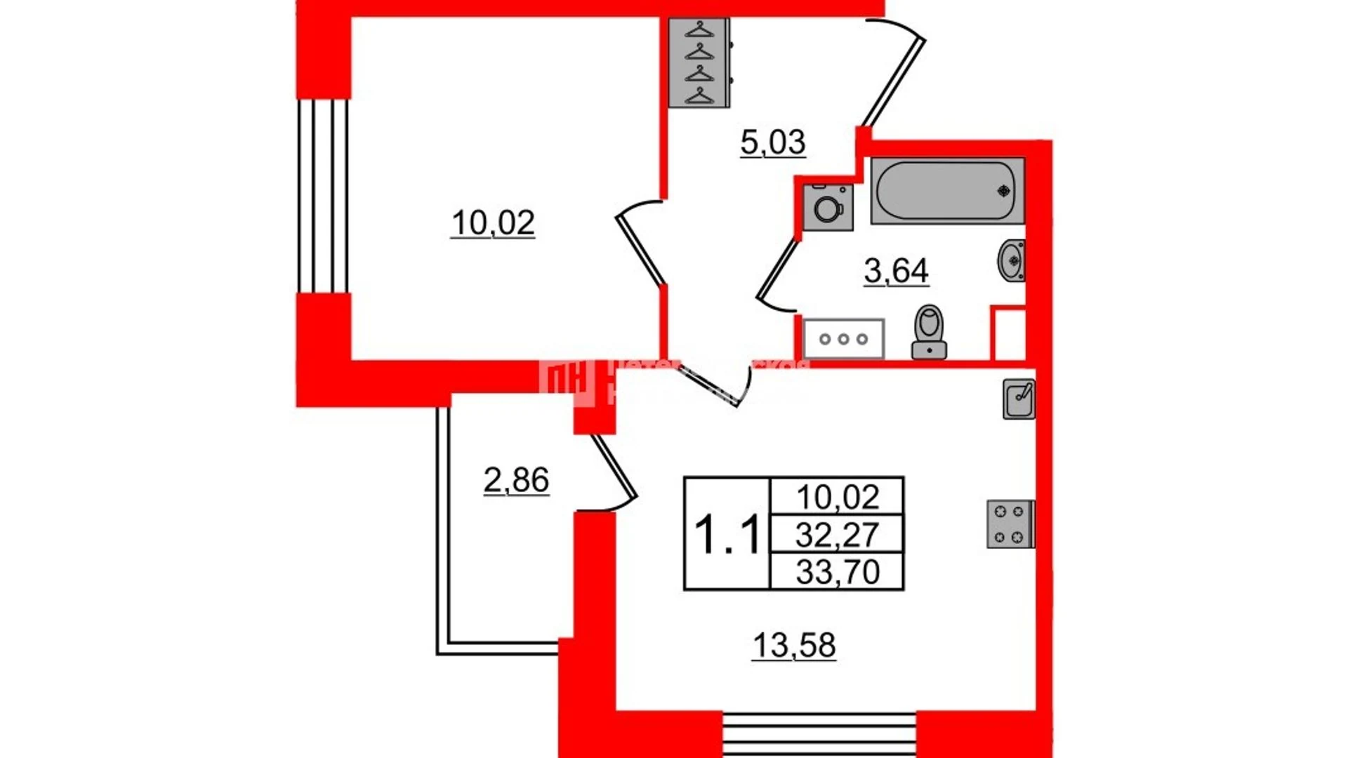 Планировка 2-комнатная 32,3 м² в жилом комплексе «Астра Континенталь» — Жилой комплекс «Астра Континенталь»