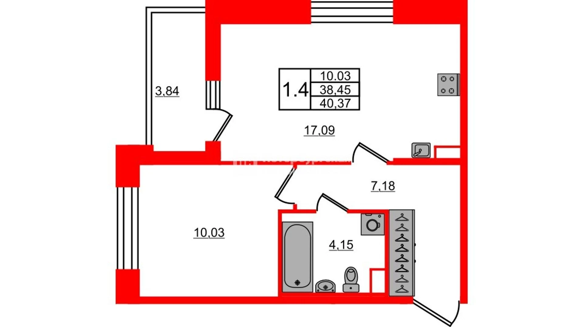 Планировка 2-комнатная 38,5 м² в жилом комплексе «Астра Континенталь» — Жилой комплекс «Астра Континенталь»
