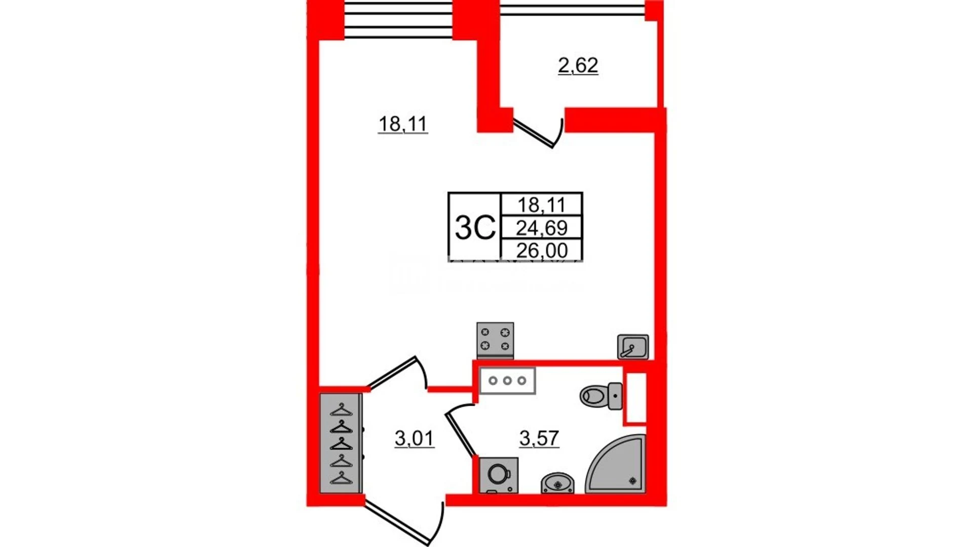 Планировка студия 24,7 м² в жилом комплексе «Астра Континенталь» — Жилой комплекс «Астра Континенталь»