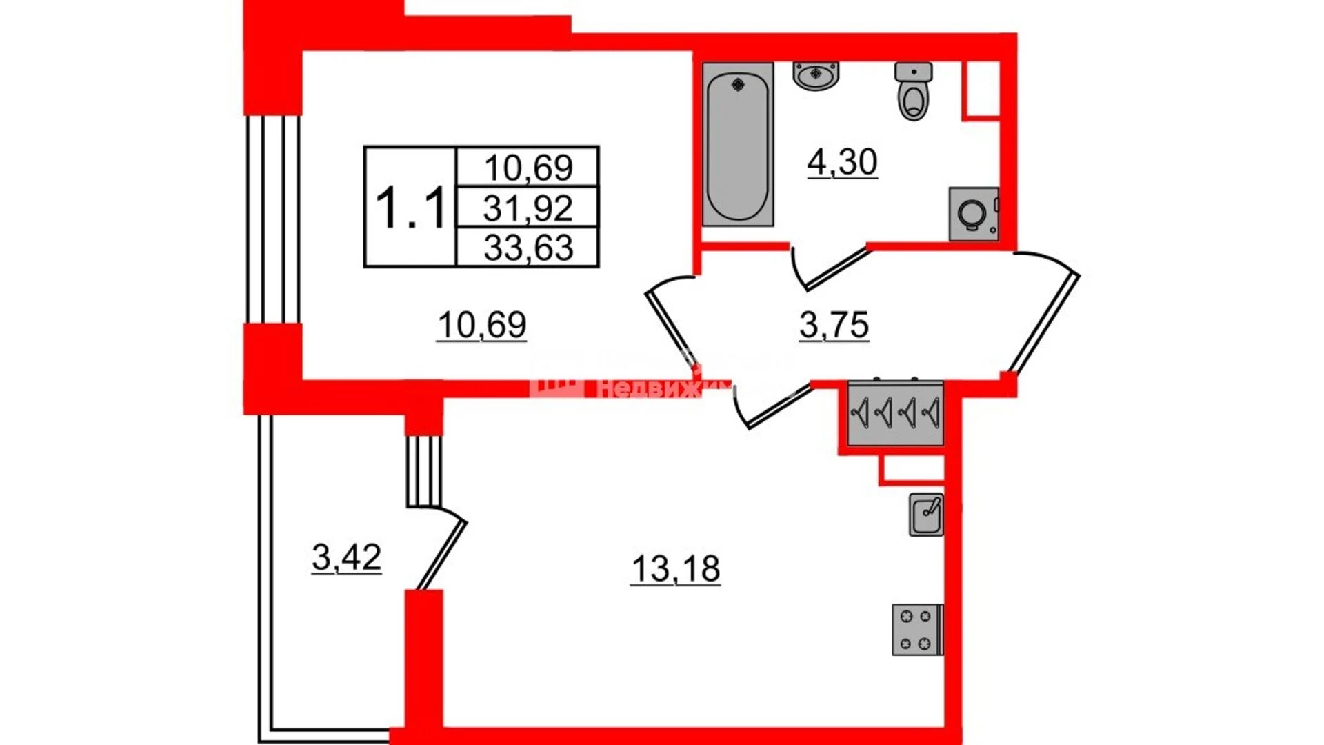 Планировка 2-комнатная 31,9 м² в жилом комплексе «Астра Континенталь» — Жилой комплекс «Астра Континенталь»