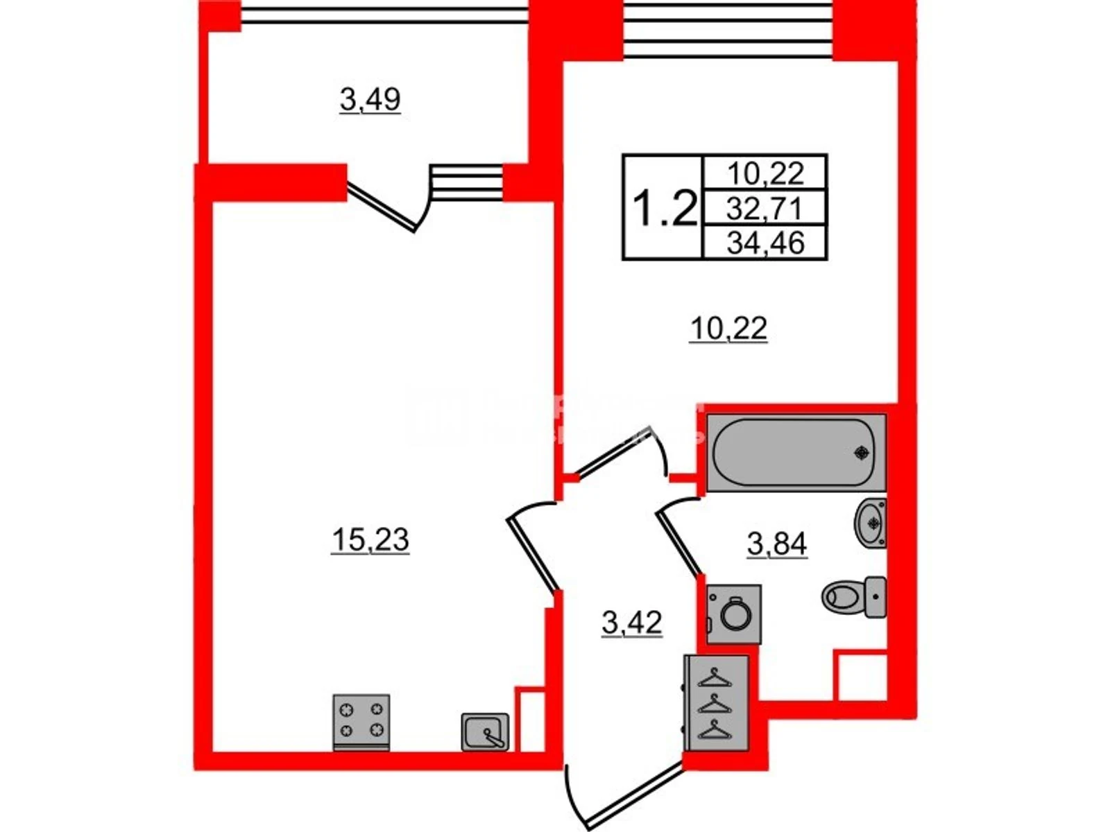 Планировка 2-комнатная 32,7 м² в жилом комплексе «Астра Континенталь» — Жилой комплекс «Астра Континенталь»