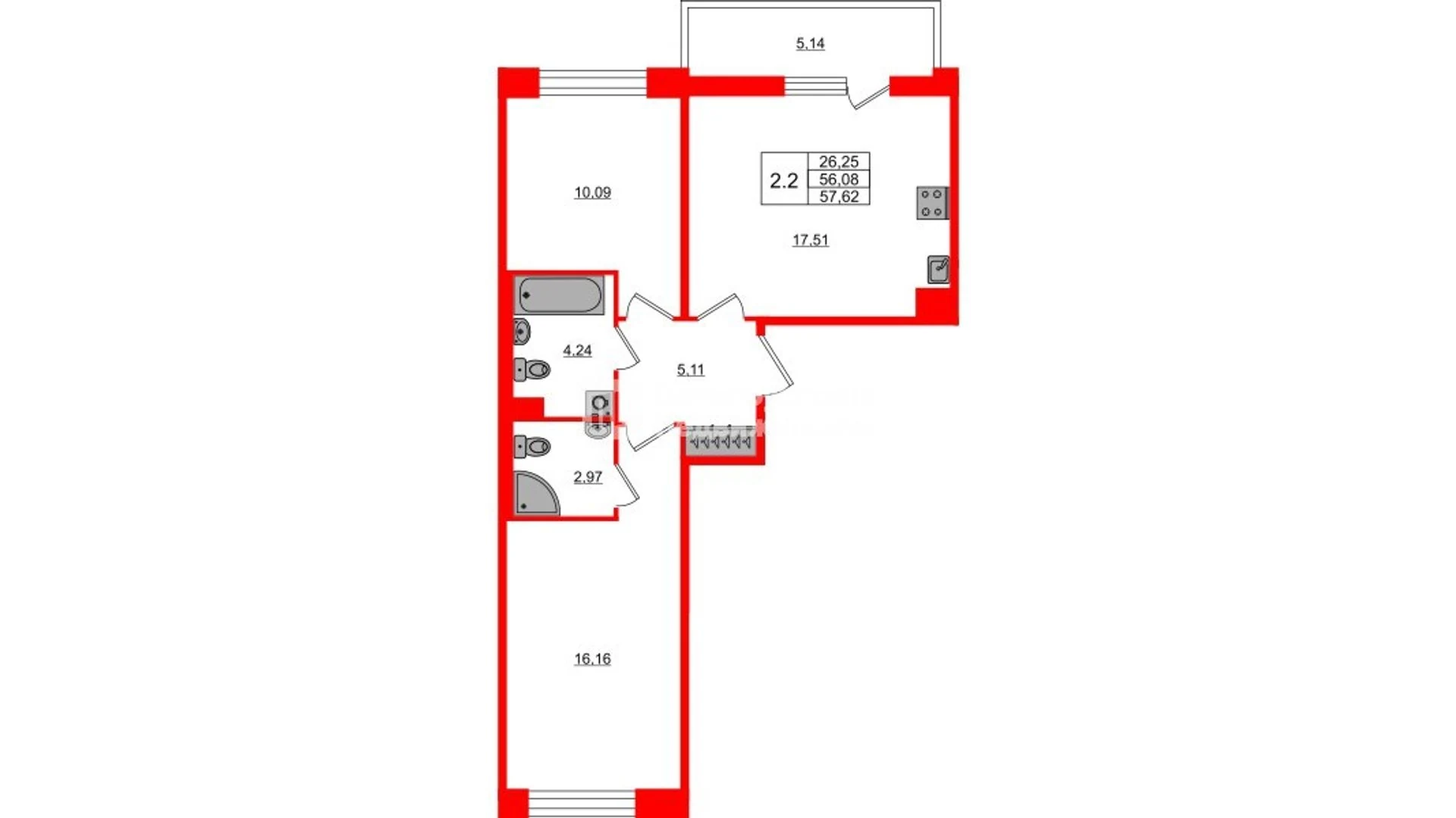 Планировка 3-комнатная 56,1 м² в жилом комплексе «Астра Континенталь» — Жилой комплекс «Астра Континенталь»