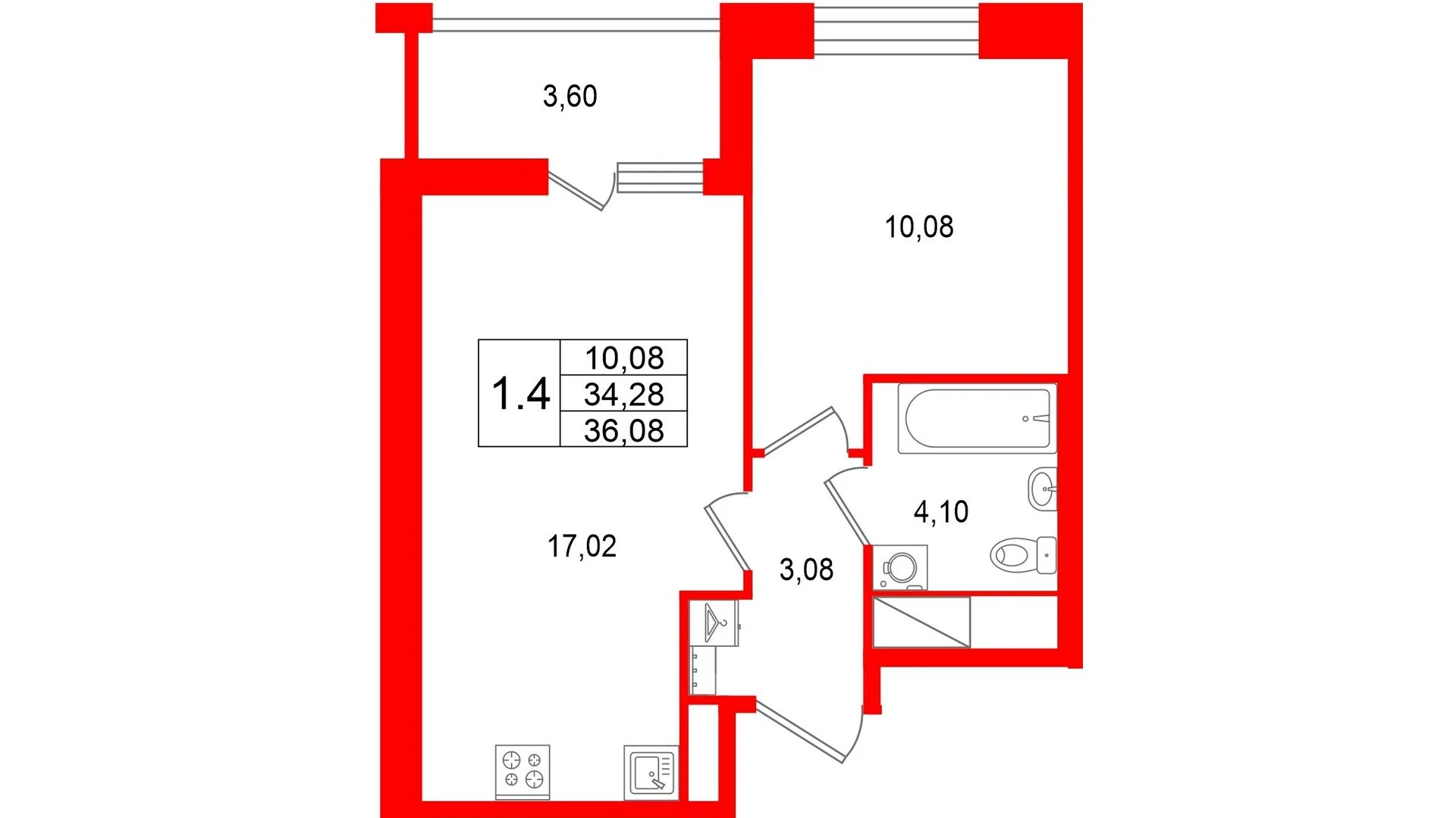 Планировка 2-комнатная 34,3 м² в жилом комплексе «Астра Континенталь» — Жилой комплекс «Астра Континенталь»