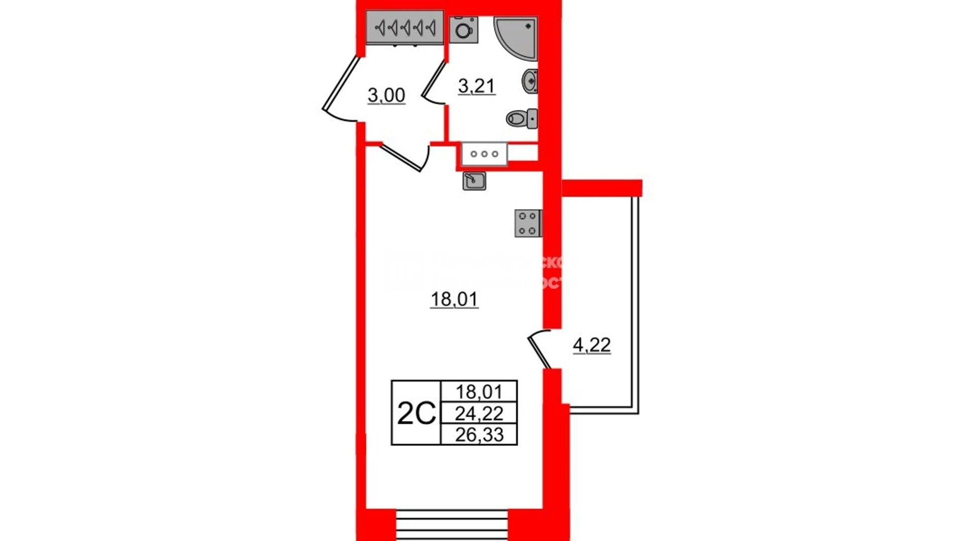 Планировка студия 24,2 м² в жилом комплексе «Астра Континенталь» — Жилой комплекс «Астра Континенталь»