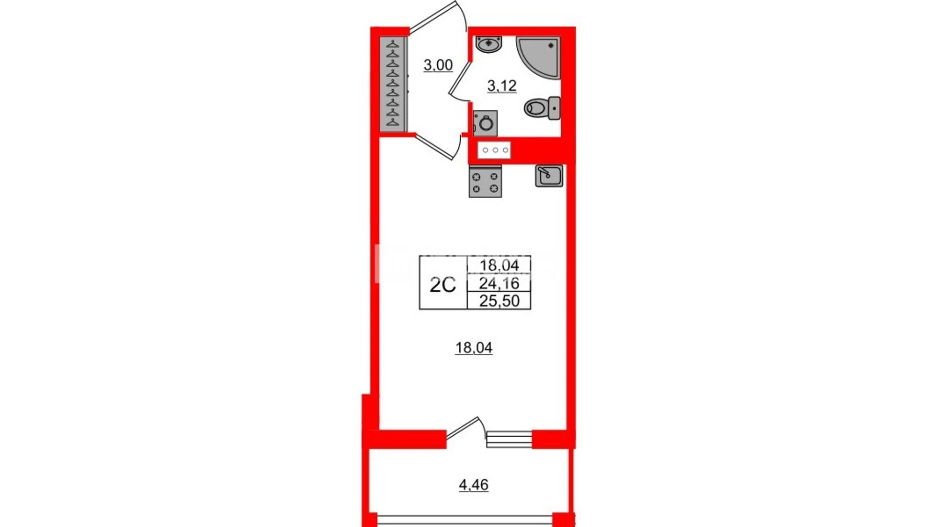 Планировка студия 24,2 м² в жилом комплексе «Астра Континенталь» — Жилой комплекс «Астра Континенталь»