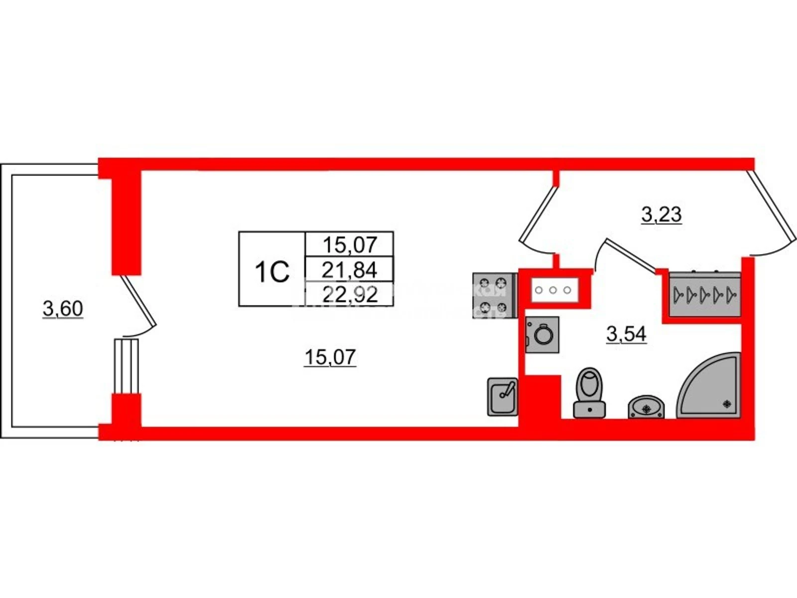 Планировка студия 21,8 м² в жилом комплексе «Астра Континенталь» — Жилой комплекс «Астра Континенталь»