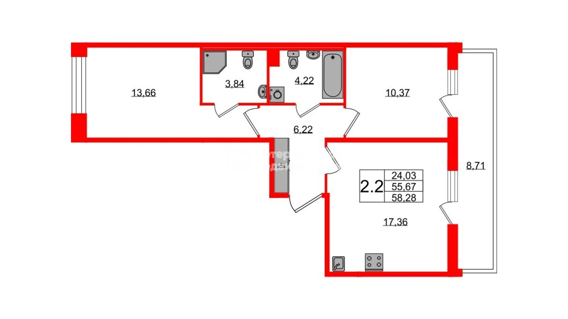 Планировка 3-комнатная 55,7 м² в жилом комплексе «Астра Континенталь» — Жилой комплекс «Астра Континенталь»