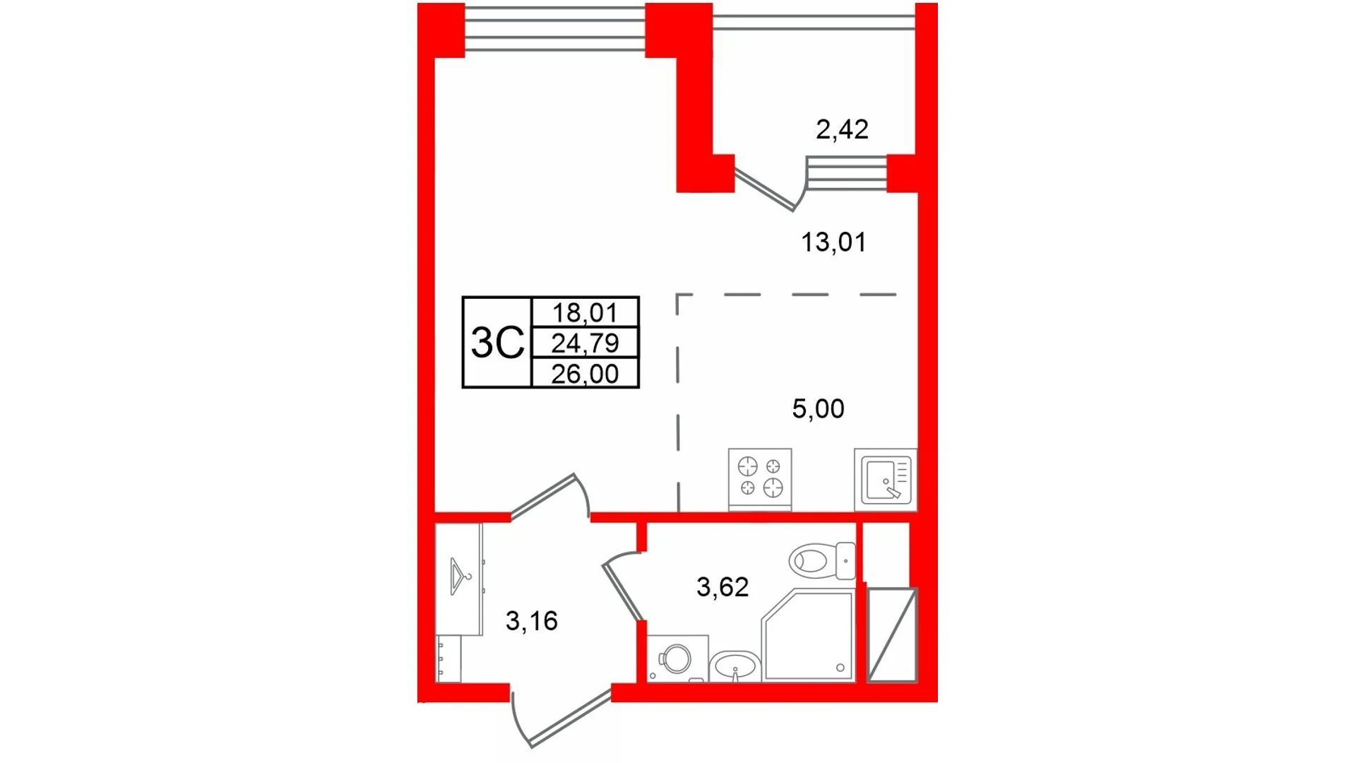 Планировка студия 24,8 м² в жилом комплексе «Астра Континенталь» — Жилой комплекс «Астра Континенталь»