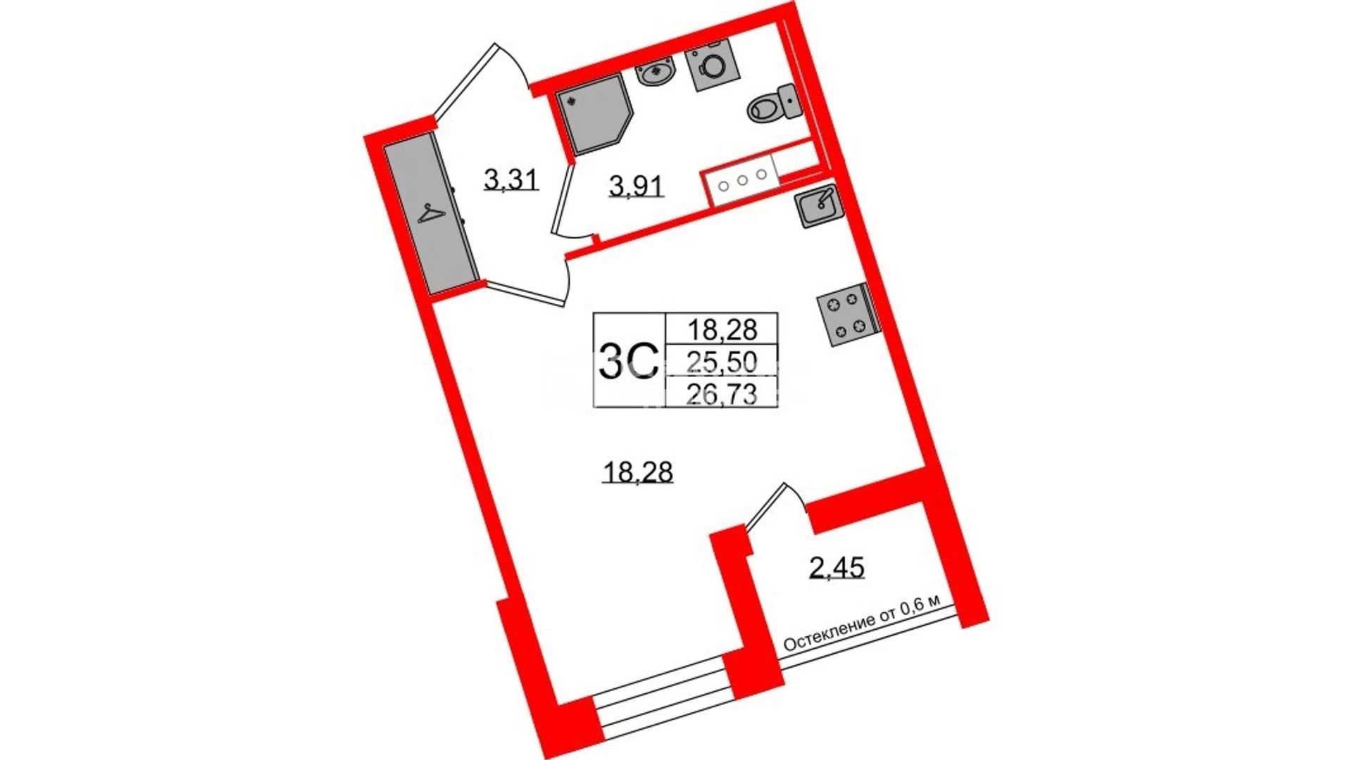 Планировка студия 25,5 м² в жилом комплексе «Астра Континенталь» — Жилой комплекс «Астра Континенталь»