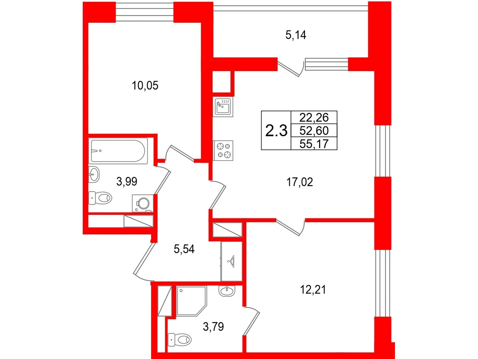 Планировка 3-комнатная 52,6 м² в жилом комплексе «Астра Континенталь» — Жилой комплекс «Астра Континенталь»