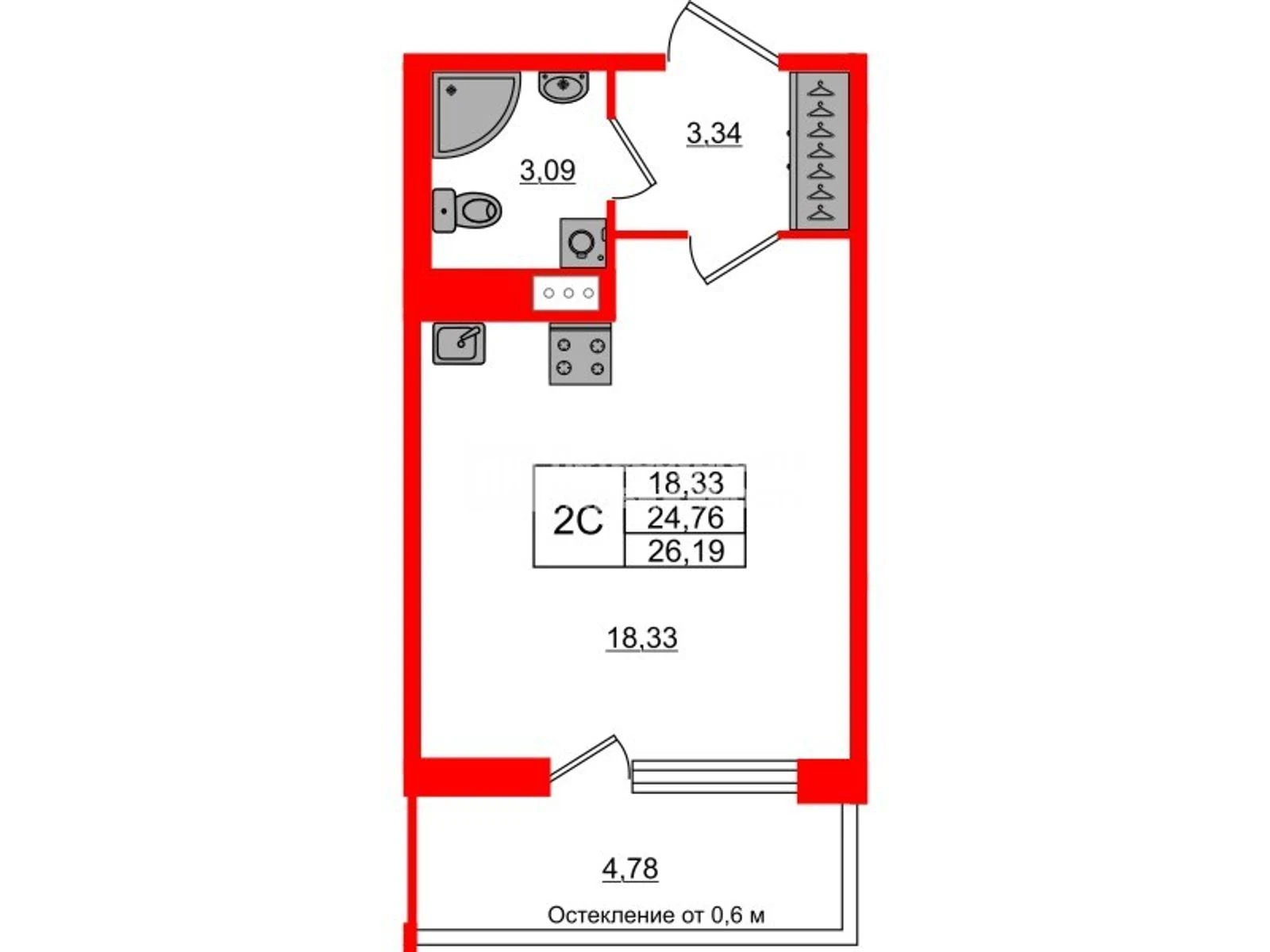 Планировка студия 24,8 м² в жилом комплексе «Астра Континенталь» — Жилой комплекс «Астра Континенталь»