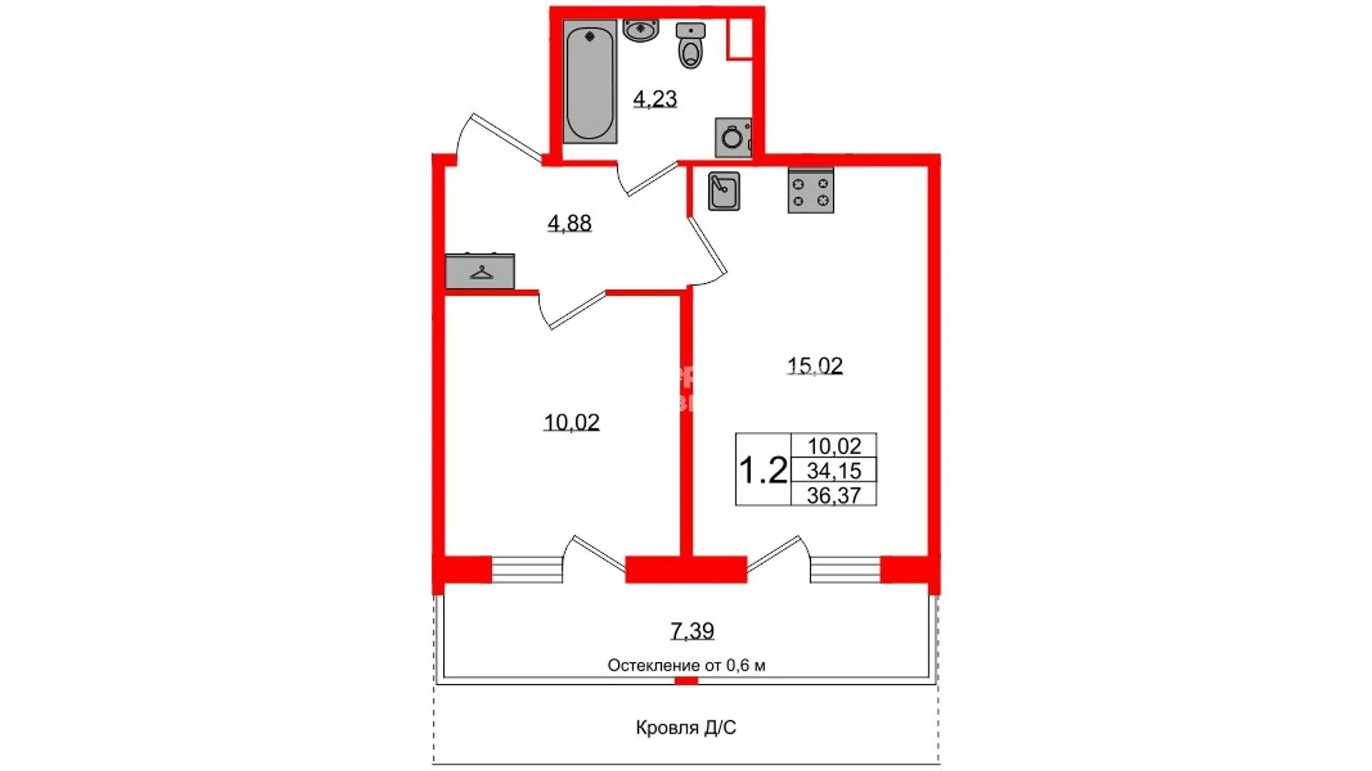 Планировка 2-комнатная 34,1 м² в жилом комплексе «Астра Континенталь» — Жилой комплекс «Астра Континенталь»