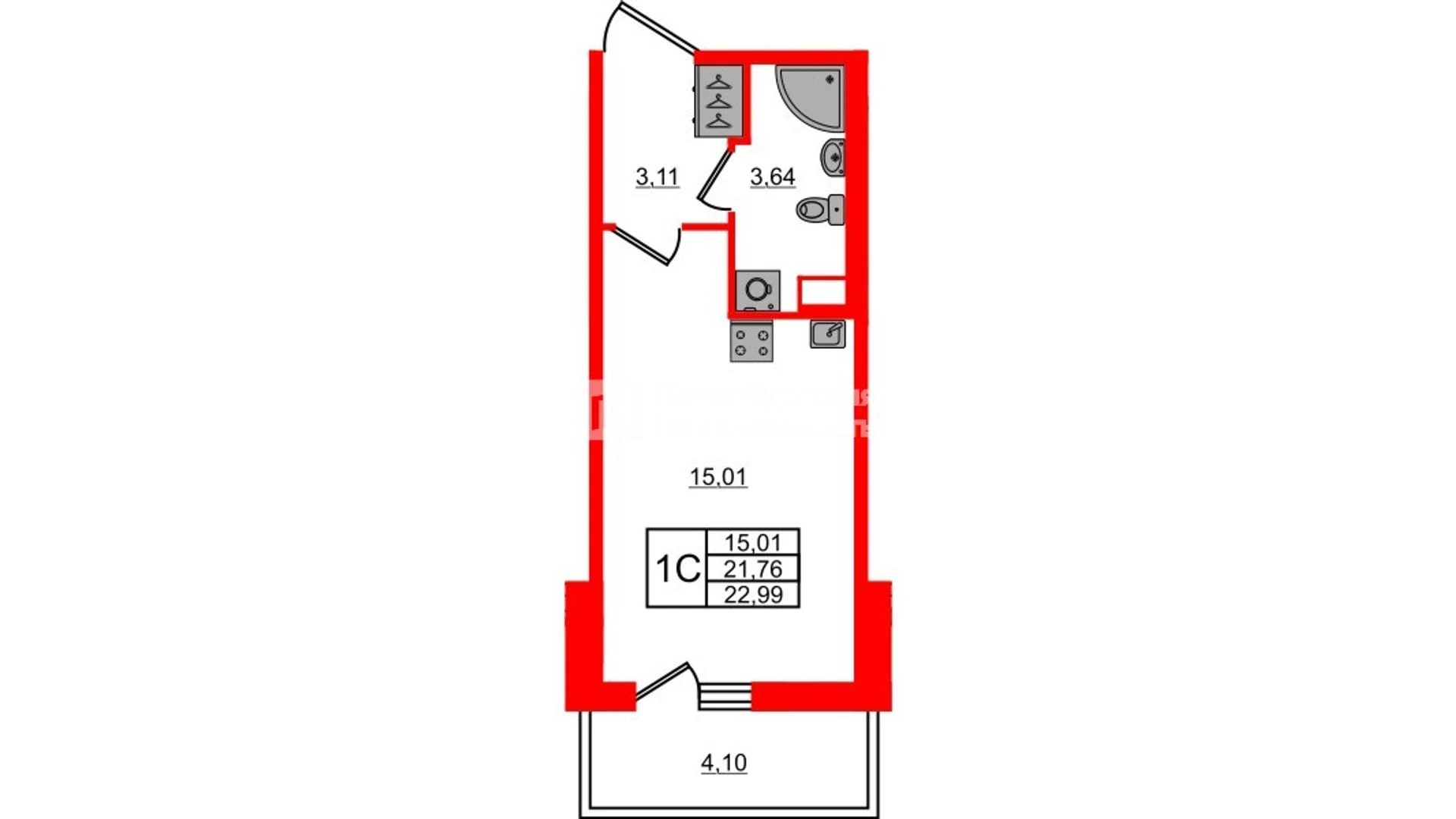 Планировка студия 21,8 м² в жилом комплексе «Астра Континенталь» — Жилой комплекс «Астра Континенталь»