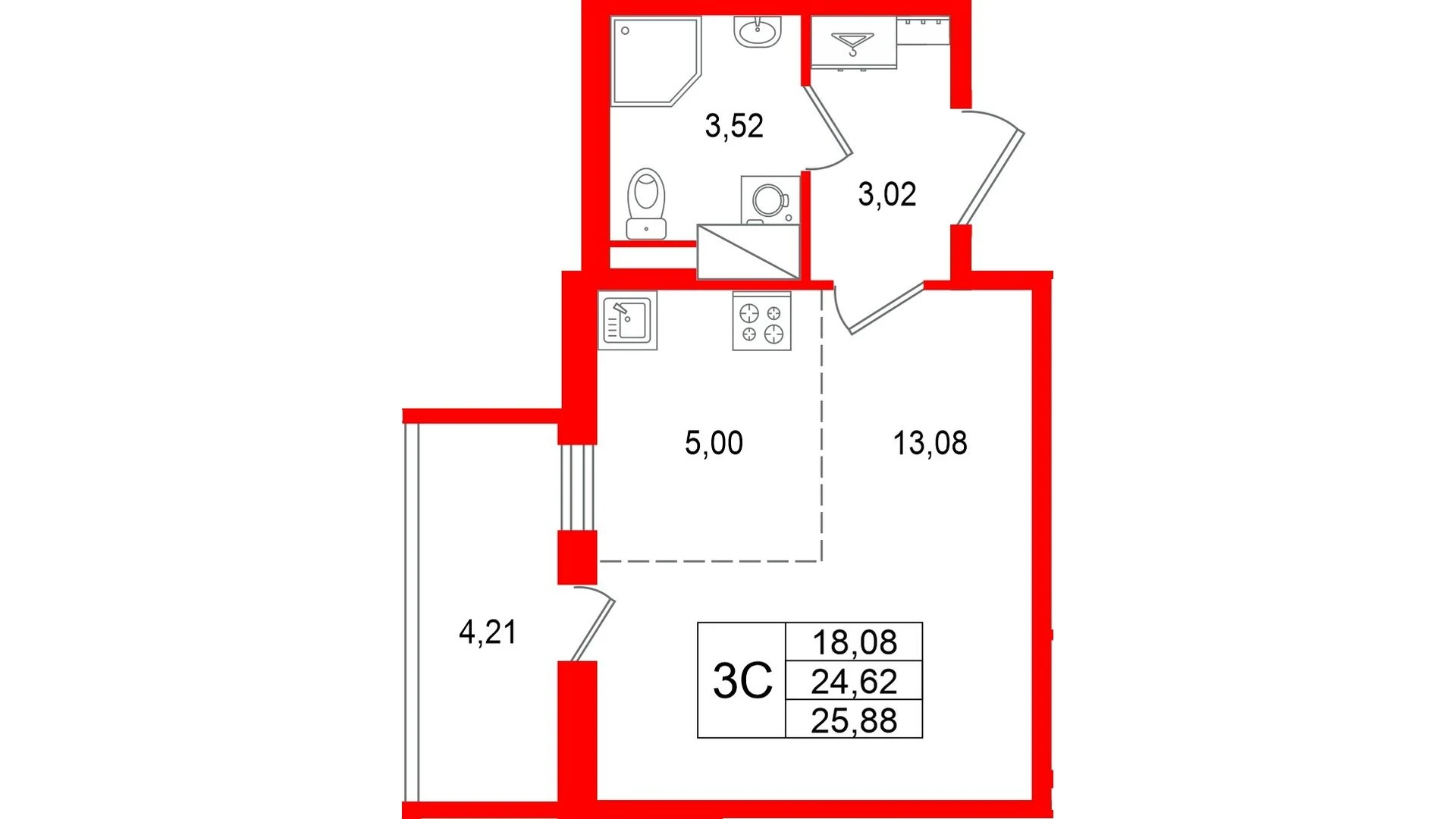 Планировка студия 24,6 м² в жилом комплексе «Астра Континенталь» — Жилой комплекс «Астра Континенталь»