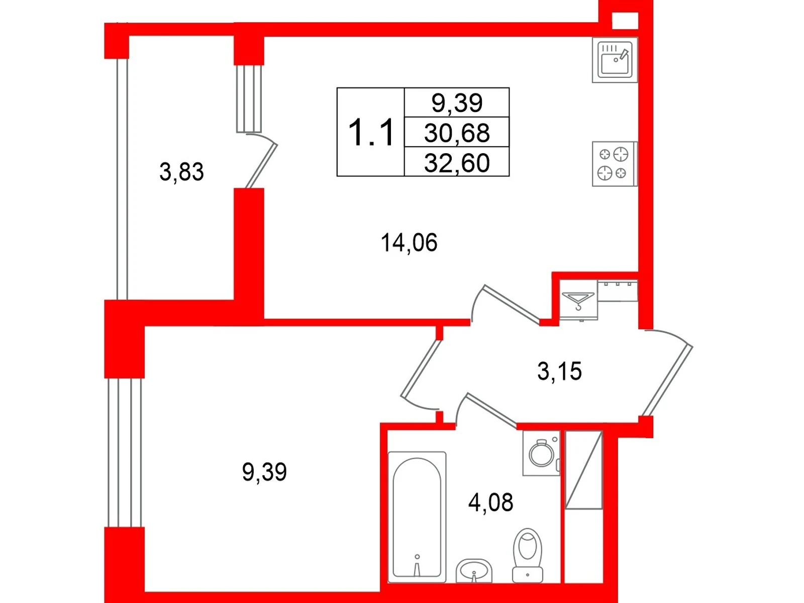 Планировка 2-комнатная 30,7 м² в жилом комплексе «Астра Континенталь» — Жилой комплекс «Астра Континенталь»