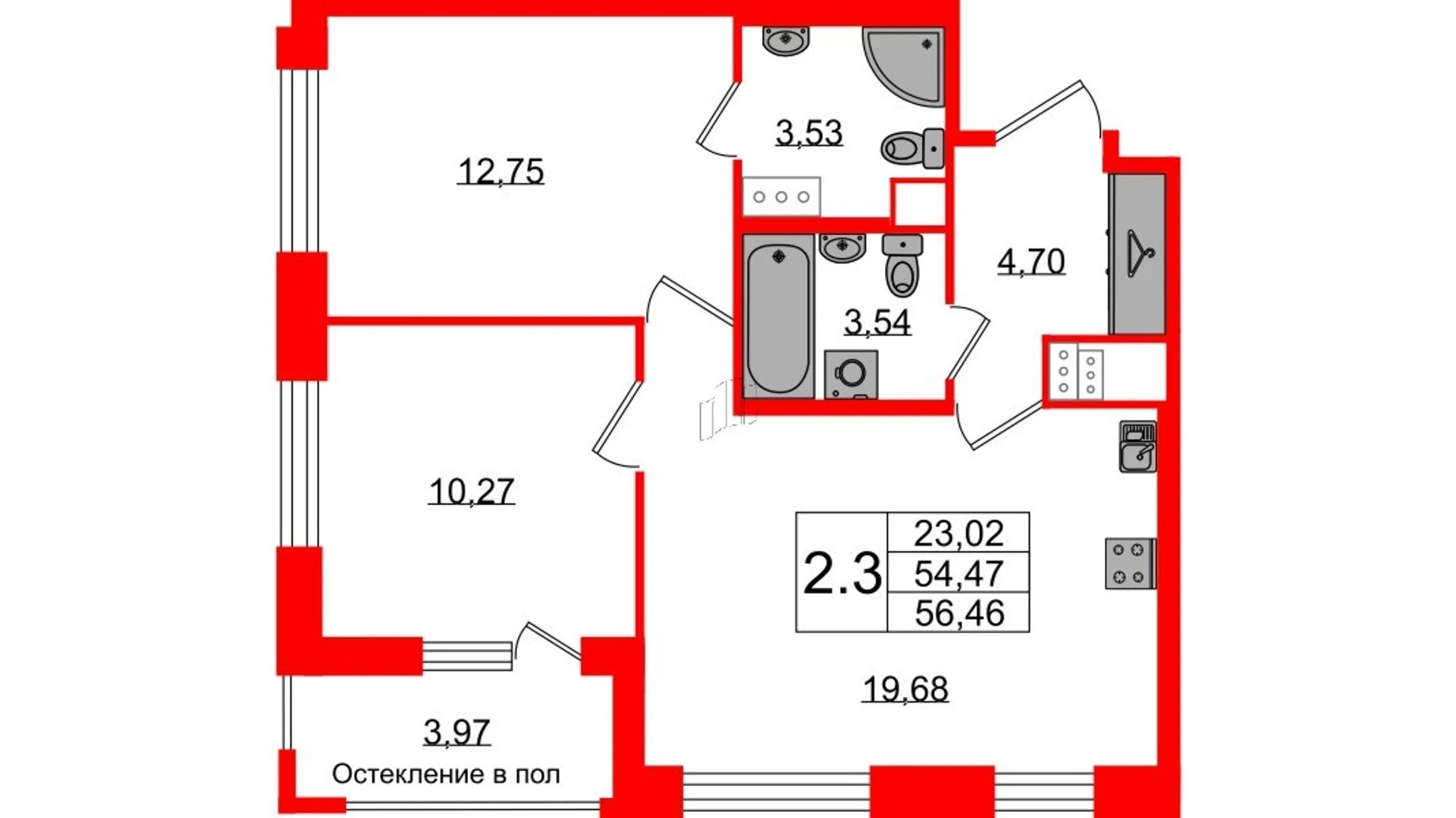 Планировка 3-комнатная 54,5 м² в жилом комплексе «Астра Континенталь» — Жилой комплекс «Астра Континенталь»