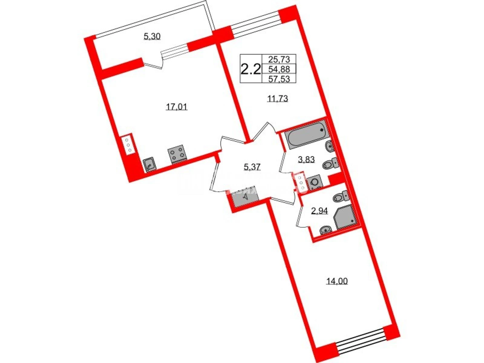 Планировка 3-комнатная 54,9 м² в жилом комплексе «Астра Континенталь» — Жилой комплекс «Астра Континенталь»