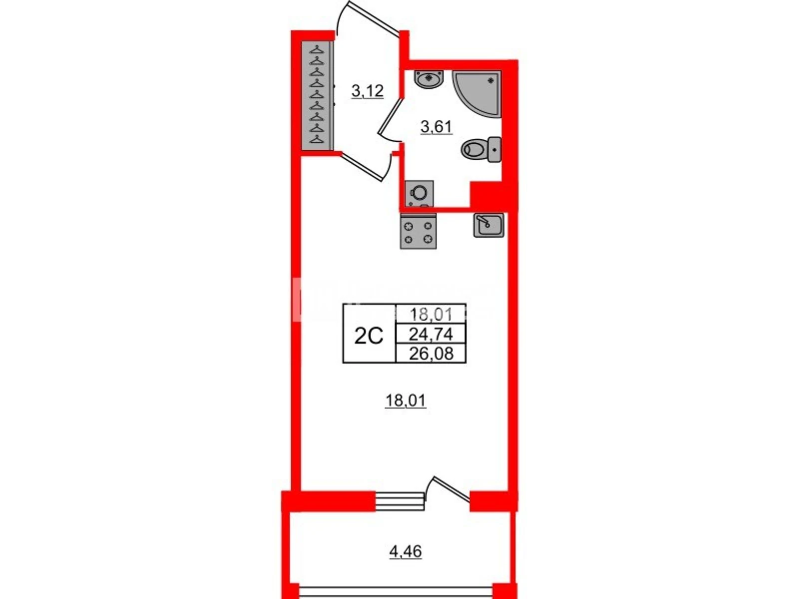 Планировка студия 24,7 м² в жилом комплексе «Астра Континенталь» — Жилой комплекс «Астра Континенталь»