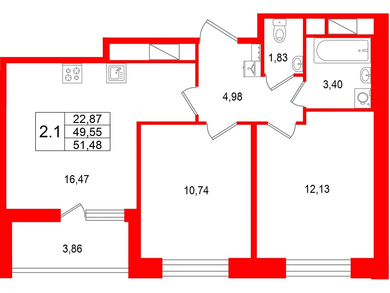 Планировка 3-комнатная 49,5 м² в жилом комплексе «Астра Континенталь» — Жилой комплекс «Астра Континенталь»