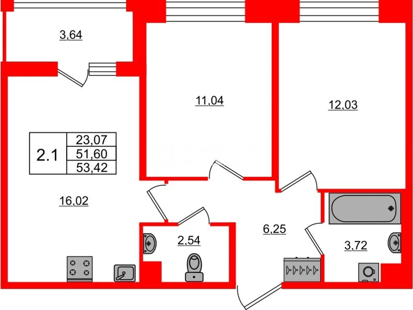 Планировка 3-комнатная 51,6 м² в жилом комплексе «Астра Континенталь» — Жилой комплекс «Астра Континенталь»