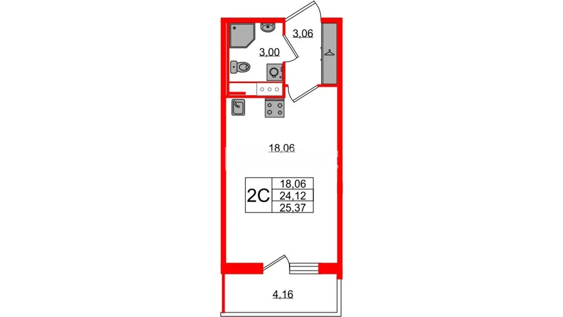 Планировка студия 24,1 м² в жилом комплексе «Астра Континенталь» — Жилой комплекс «Астра Континенталь»
