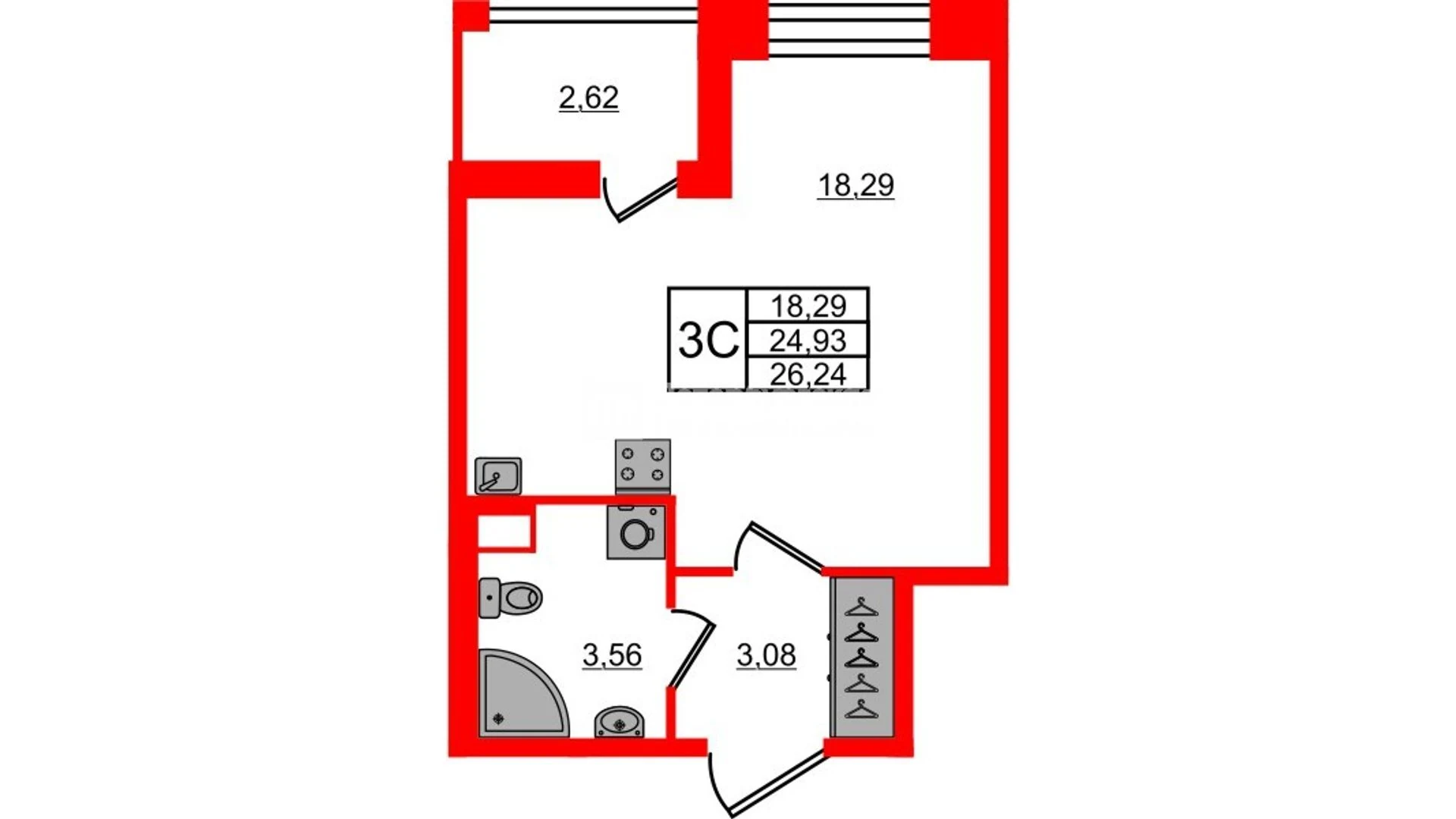 Планировка студия 24,9 м² в жилом комплексе «Астра Континенталь» — Жилой комплекс «Астра Континенталь»