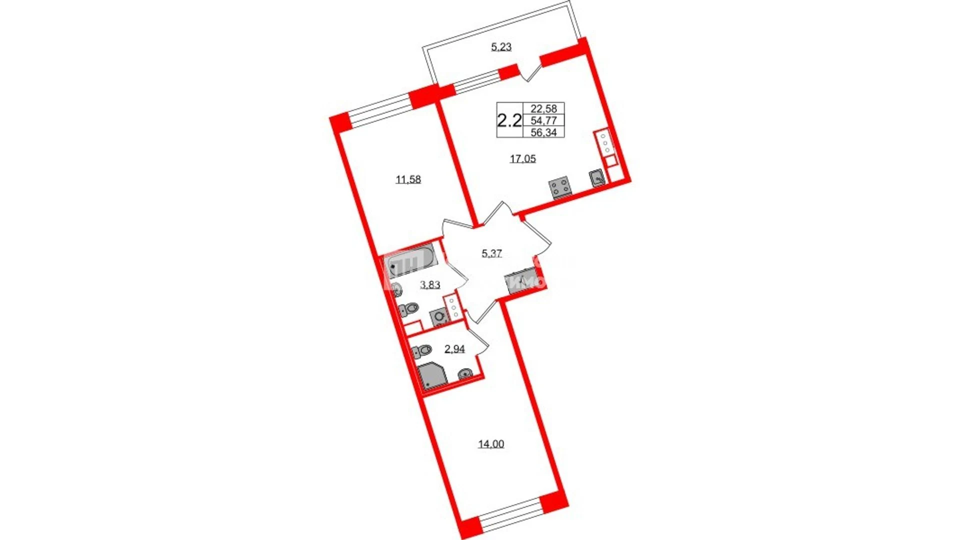 Планировка 3-комнатная 54,8 м² в жилом комплексе «Астра Континенталь» — Жилой комплекс «Астра Континенталь»