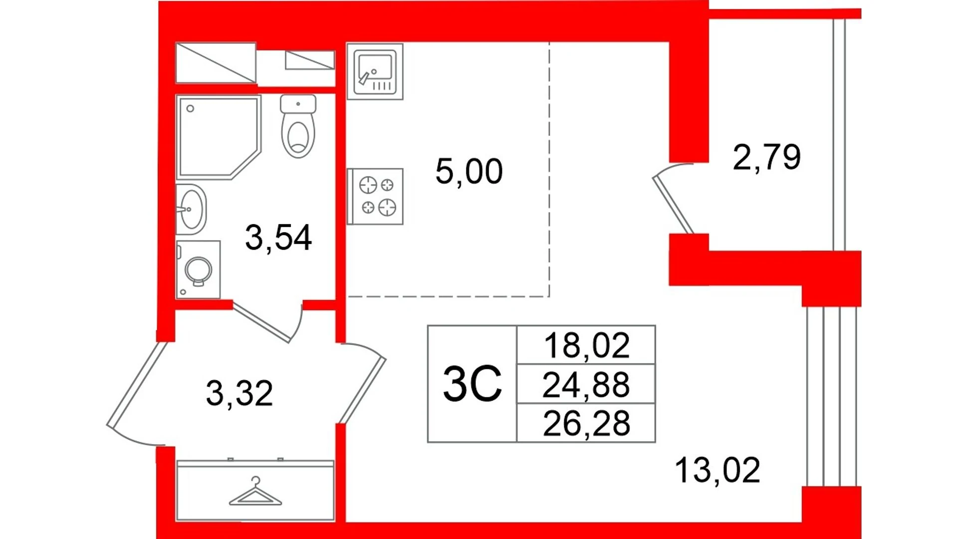 Планировка студия 24,9 м² в жилом комплексе «Астра Континенталь» — Жилой комплекс «Астра Континенталь»