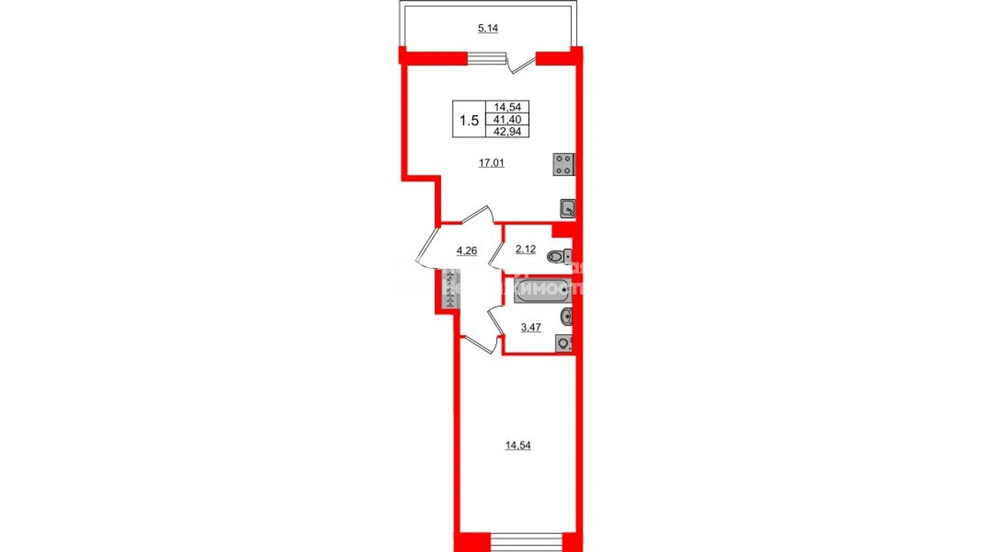 Планировка 2-комнатная 41,4 м² в жилом комплексе «Астра Континенталь» — Жилой комплекс «Астра Континенталь»
