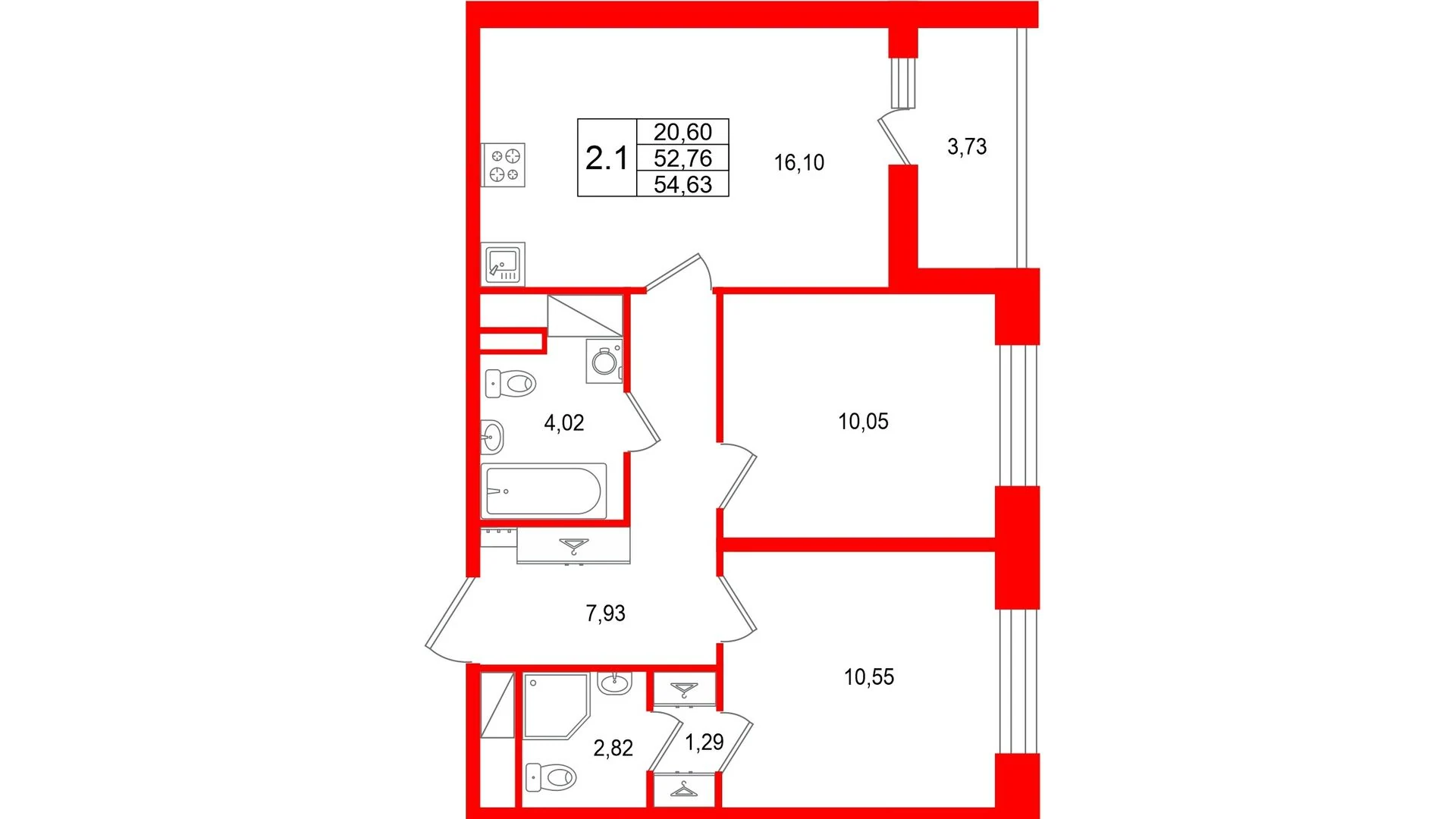 Планировка 3-комнатная 52,8 м² в жилом комплексе «Астра Континенталь» — Жилой комплекс «Астра Континенталь»