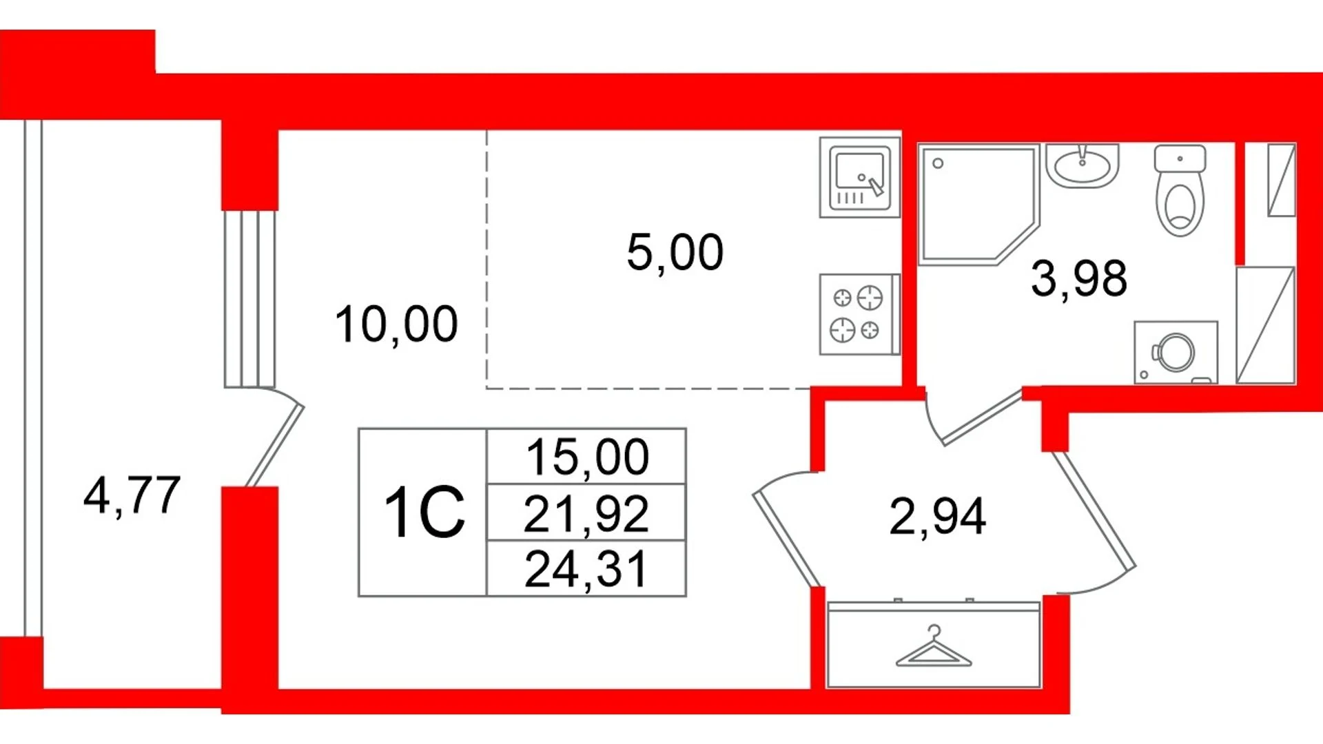 Планировка студия 21,9 м² в жилом комплексе «Астра Континенталь» — Жилой комплекс «Астра Континенталь»