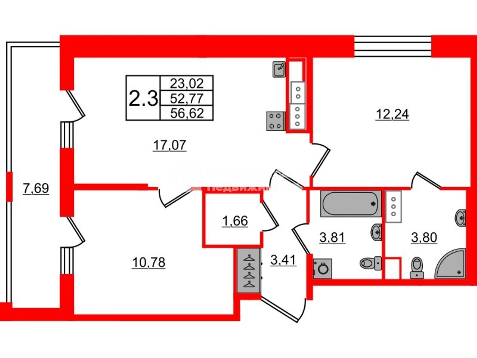 Планировка 3-комнатная 52,8 м² в жилом комплексе «Астра Континенталь» — Жилой комплекс «Астра Континенталь»