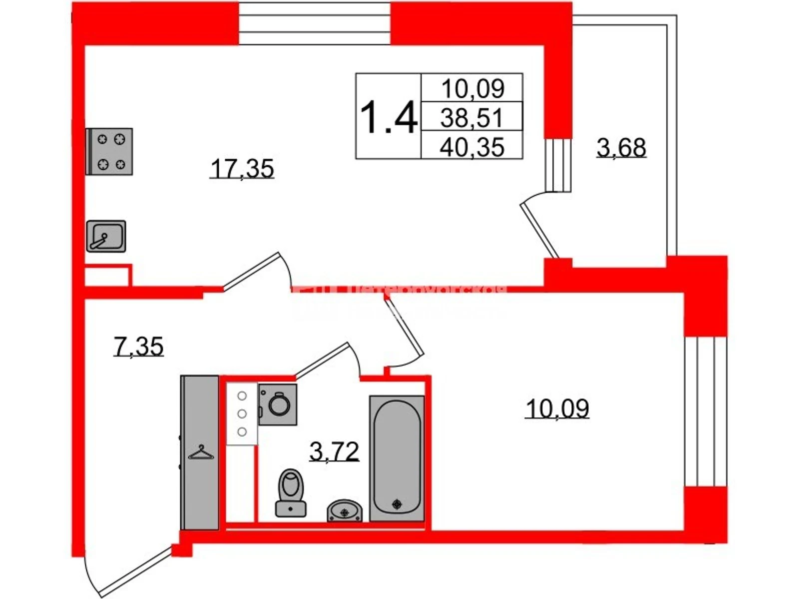 Планировка 2-комнатная 38,5 м² в жилом комплексе «Астра Континенталь» — Жилой комплекс «Астра Континенталь»