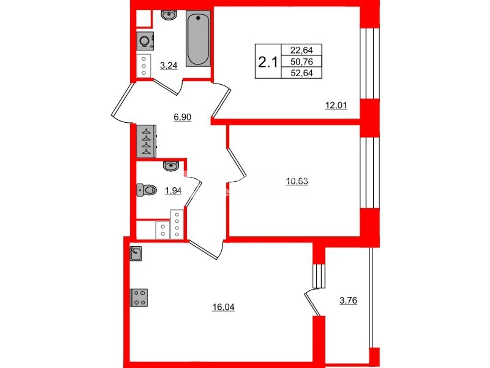 Планировка 3-комнатная 50,8 м² в жилом комплексе «Астра Континенталь» — Жилой комплекс «Астра Континенталь»