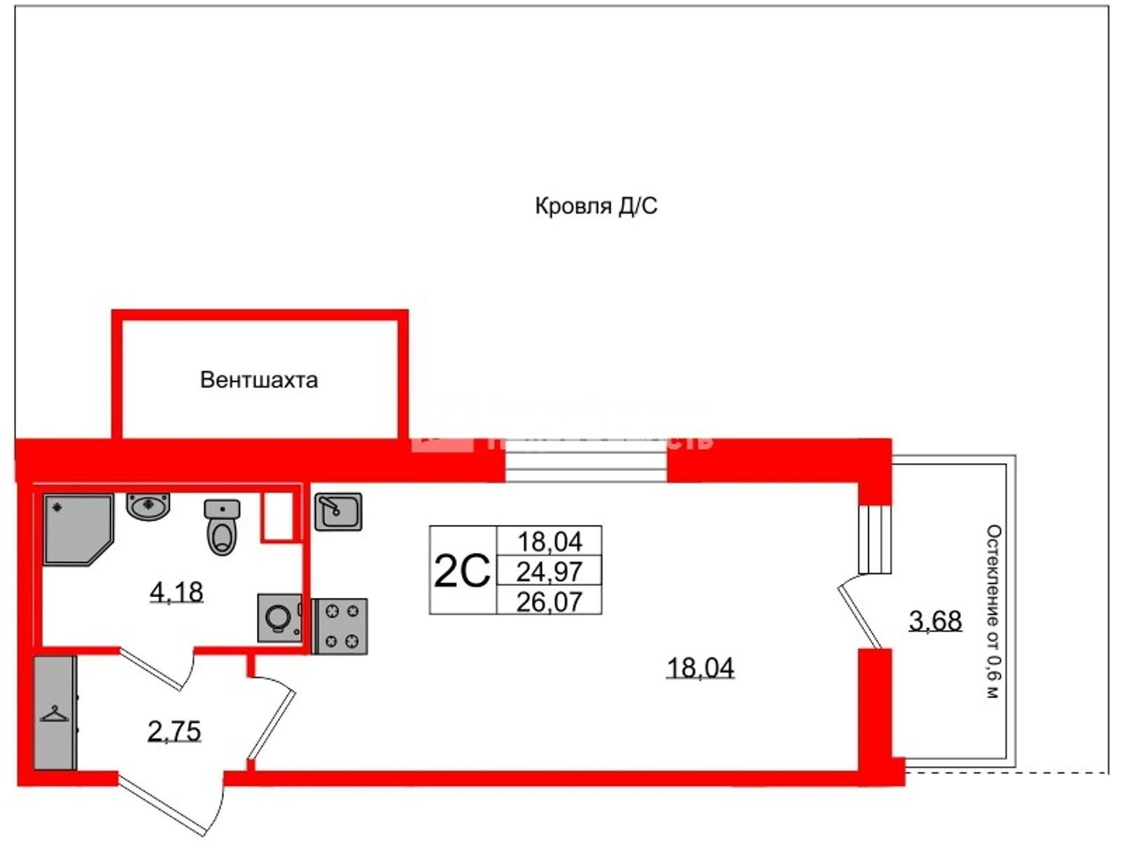 Планировка студия 25 м² в жилом комплексе «Астра Континенталь» — Жилой комплекс «Астра Континенталь»