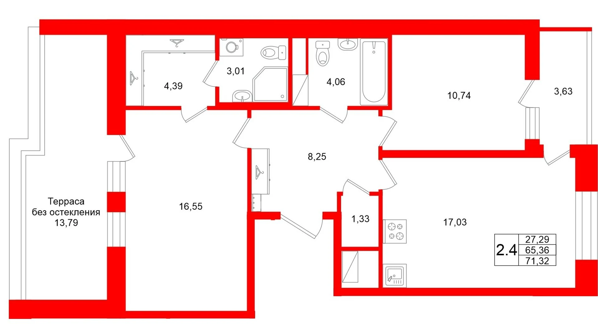 Планировка 3-комнатная 65,4 м² в жилом комплексе «Астра Континенталь» — Жилой комплекс «Астра Континенталь»