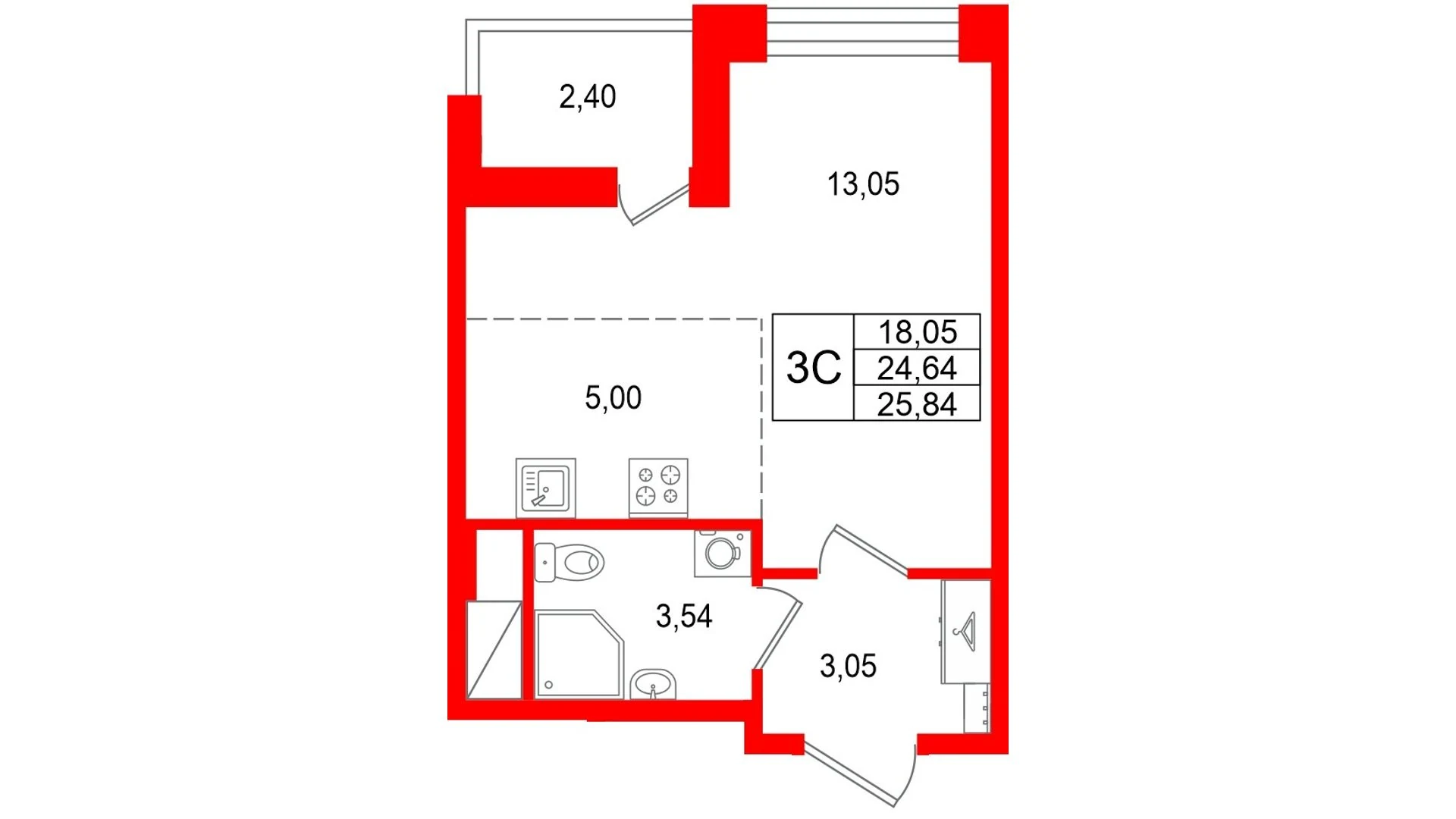 Планировка студия 24,6 м² в жилом комплексе «Астра Континенталь» — Жилой комплекс «Астра Континенталь»