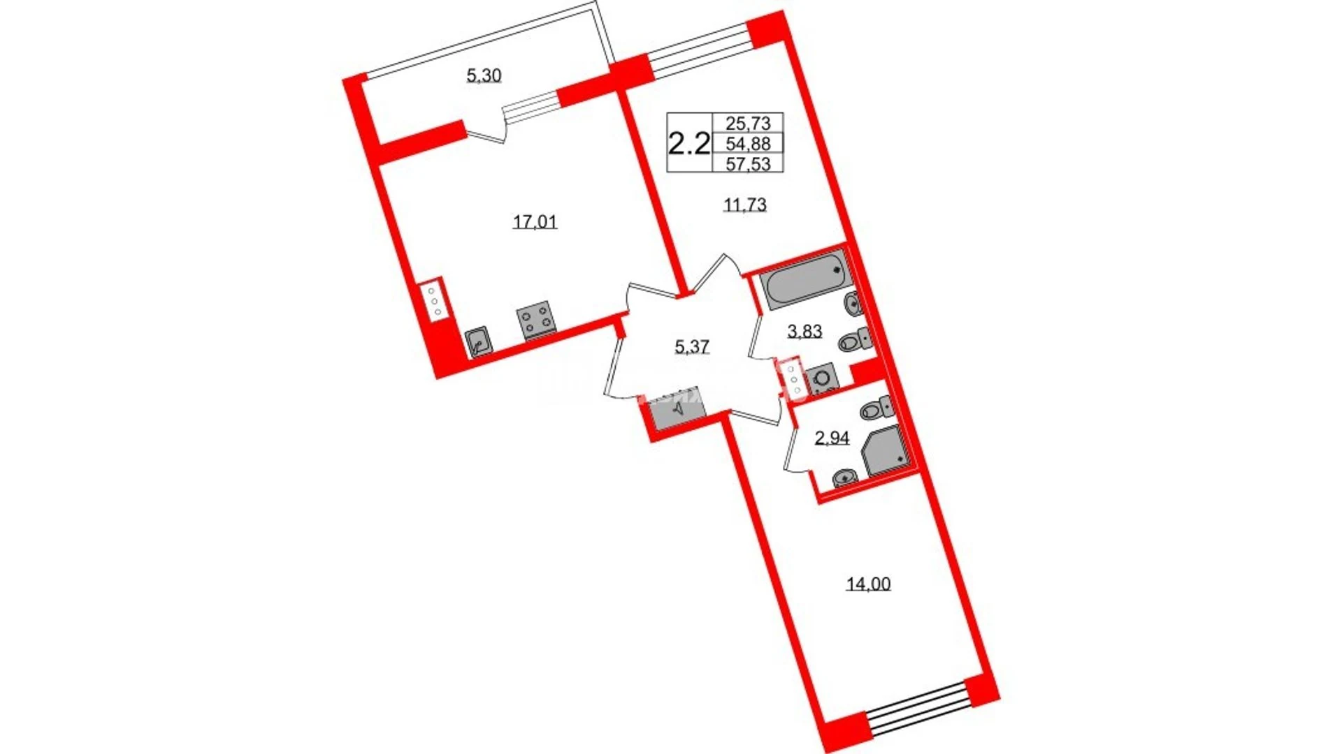 Планировка 3-комнатная 54,9 м² в жилом комплексе «Астра Континенталь» — Жилой комплекс «Астра Континенталь»