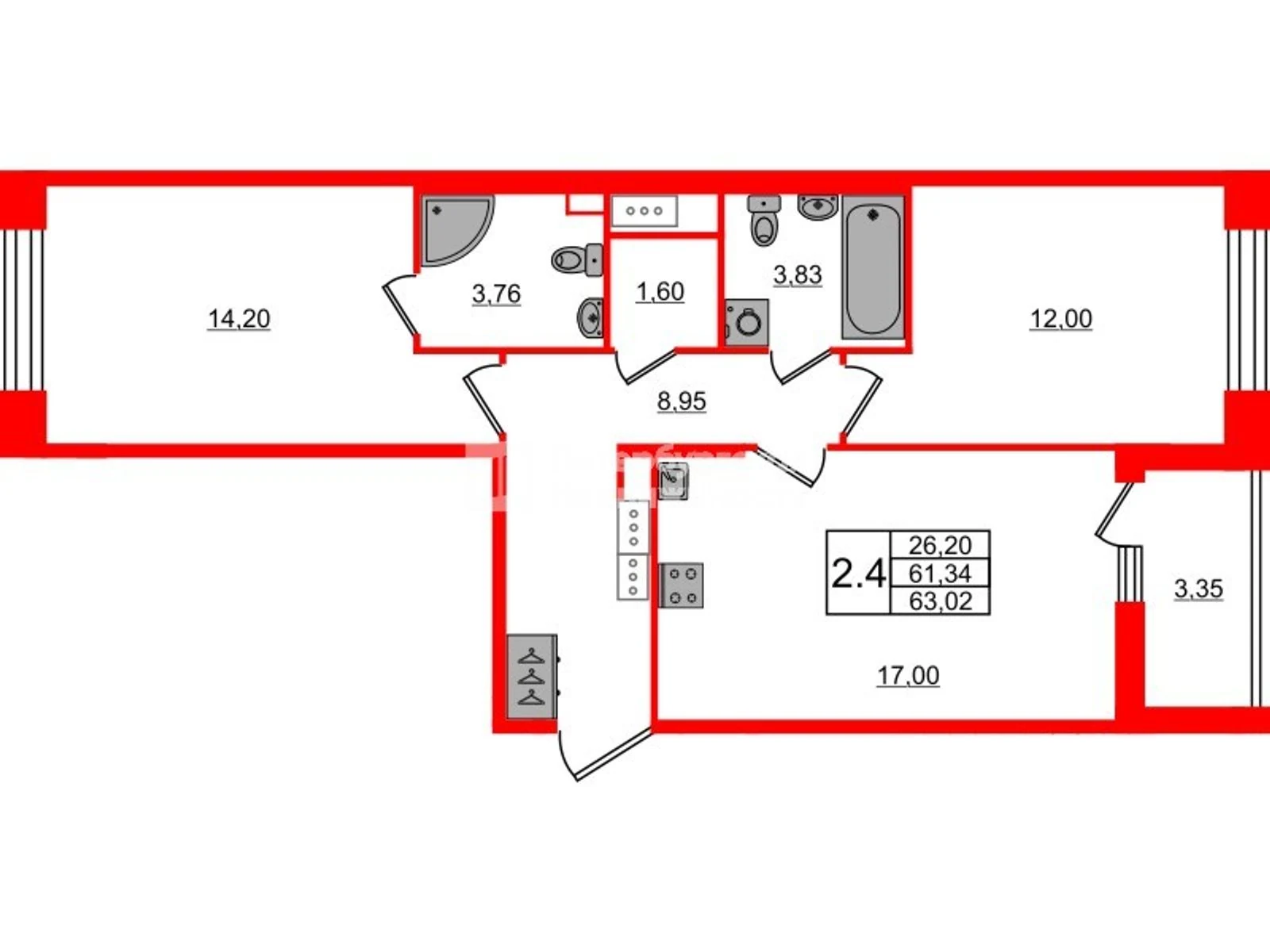 Планировка 3-комнатная 61,3 м² в жилом комплексе «Астра Континенталь» — Жилой комплекс «Астра Континенталь»